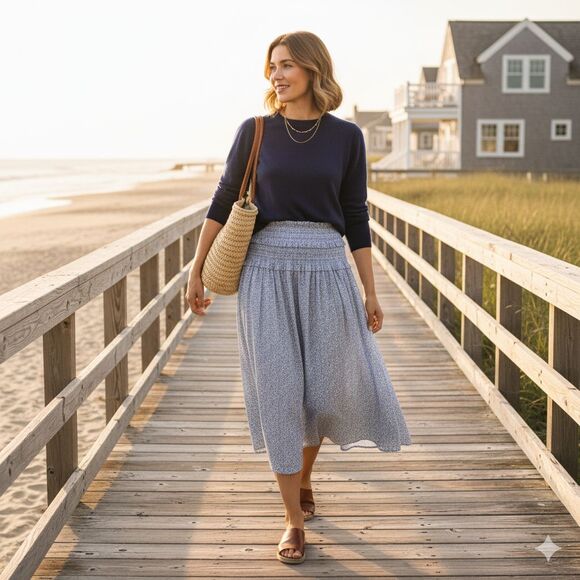 J.Crew Liberty Blue White Floral Smocked Midi Skirt L Cottagecore Boho Coastal - Picture 2 of 14